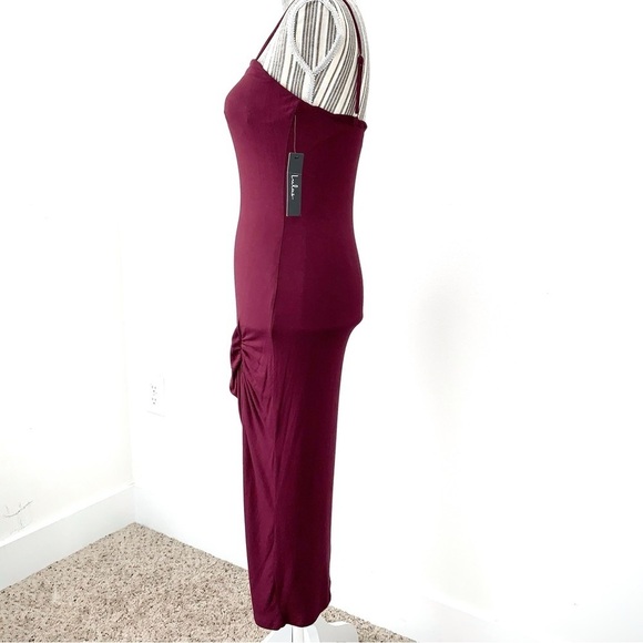 Lulus Everything To Me Event Dress NEW Womens Small Burgundy Ruched Slit Midi - Picture 5 of 14